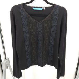 Johnny Was Stretchy Lace-Trimmed Long Sleeve Tee L Black/Blue